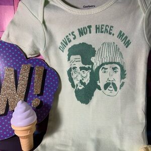 ⚡️Cheech & Chong baby onesies Dave’s Not Here, Man smokin’ hippie baby 18M